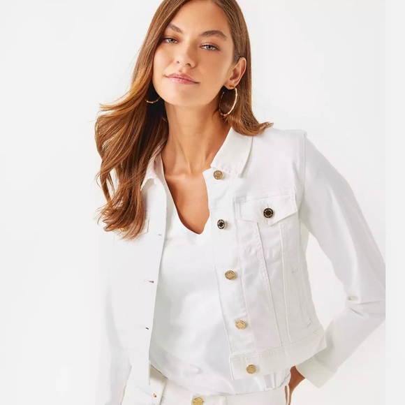Lilly Pulitzer NWT White Denim Jacket – Brixley/Seaspray Style, Size S/M, Gold B - Picture 1 of 9
